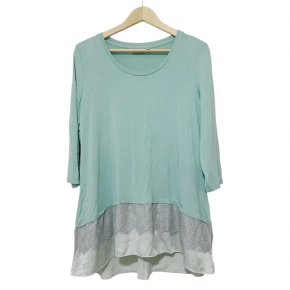 LOGO by Lori Goldstein Mint Women’s Tunic Top w/Satin & Lace Hem - Large Petite - Picture 2 of 6